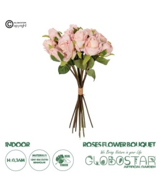 GloboStar® Artificial Garden PINK ROSE BOUQUET 21081 Τεχνητό Διακοσμητικό Μπουκέτο Τριαντάφυλλα Ροζ Y36cm